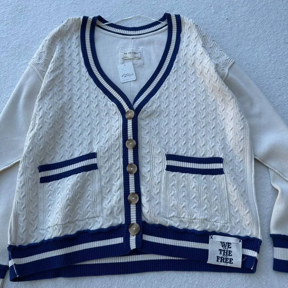 Free People We The Free Varsity Cardigan Women's XS Ecru Blue Slouchy Cable Knit - Picture 4 of 9